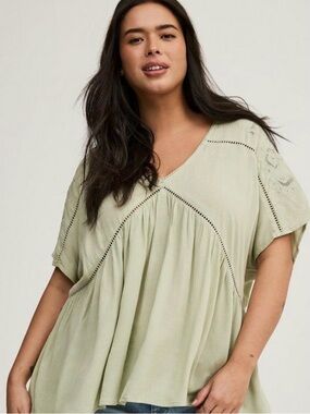 Torrid V-Neck Oversized Gauze Crochet Trim Top Plus Size 00 Medium Large NWT